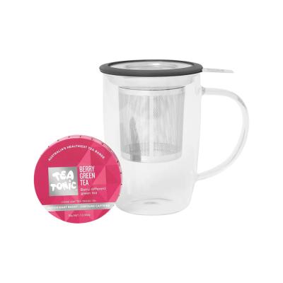 Tea Tonic (Tea Mug for One) Glass Tea Mug with Infuser & Berry Green Tea Travel Tin 10g Pack